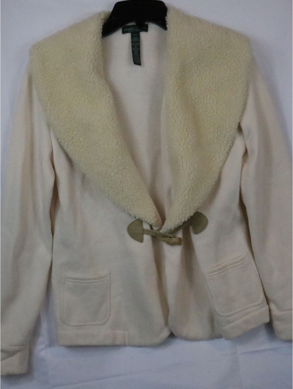 Lauren Ralph Lauren Jacket Women S/P Petite Cream Sherpa Cardigan Pockets Toggle